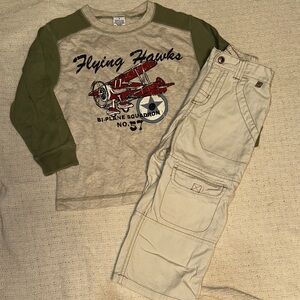 GYMBOREE AVIATOR FLIGHT SCHOOL AIRPLANE LONG SLEEVE TEE & CANVAS PANTS 3 3T EUC
